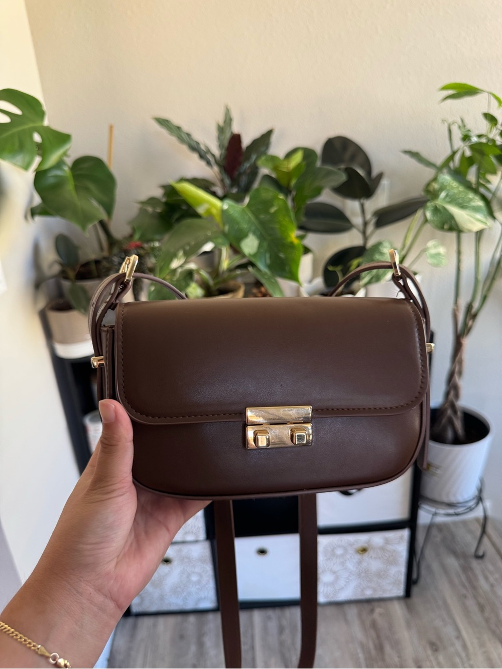 Classic Brown Crossbody Bag with Gold Hardware